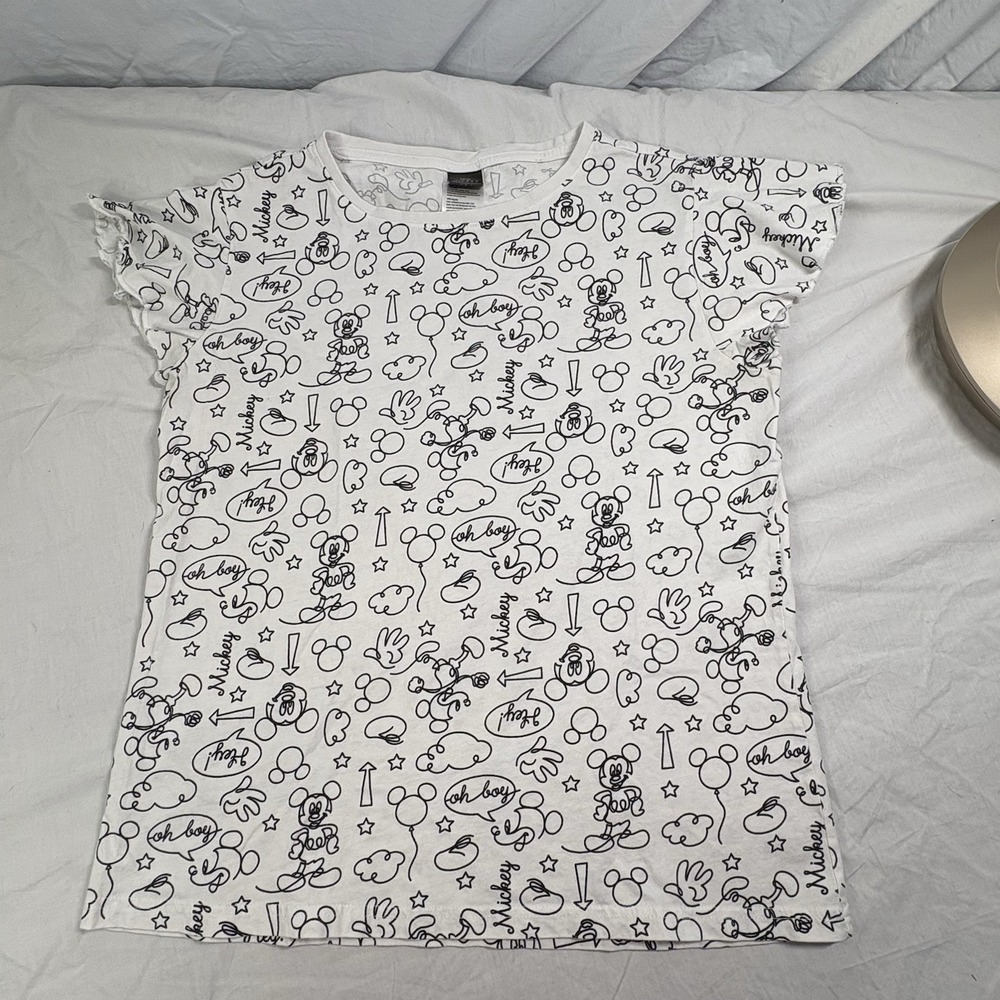 Disney Mickey T-Shirt White With Black‎ Mickey Doodles Size L Perfect For WDW